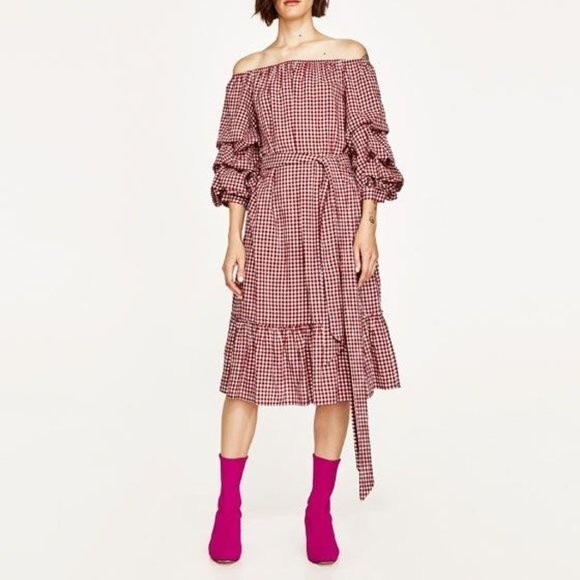 Zara Gingham Viscose Dress with Ruffled Sleeves Red and White Sz XS - Picture 8 of 8